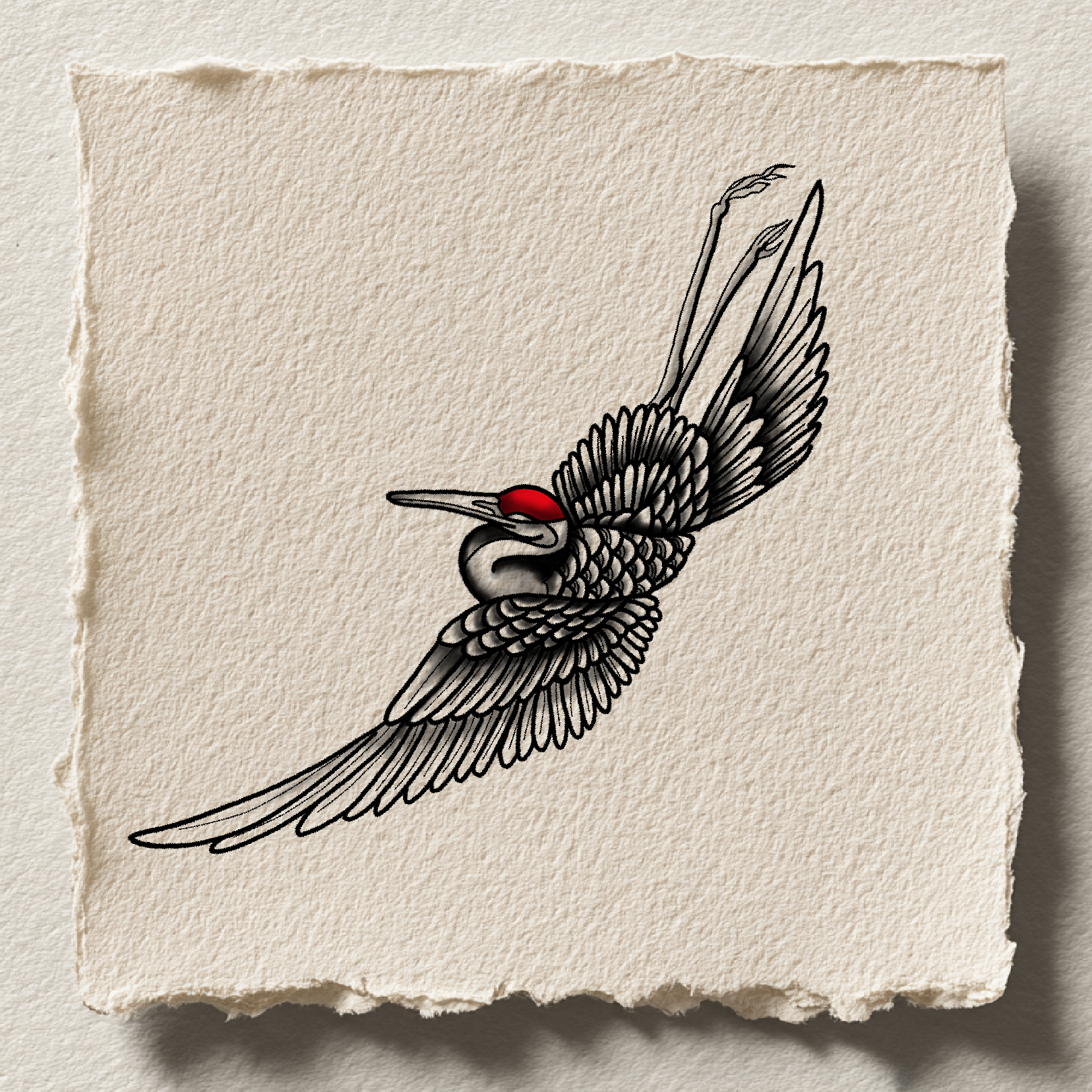 Detailed crane in flight with red accent