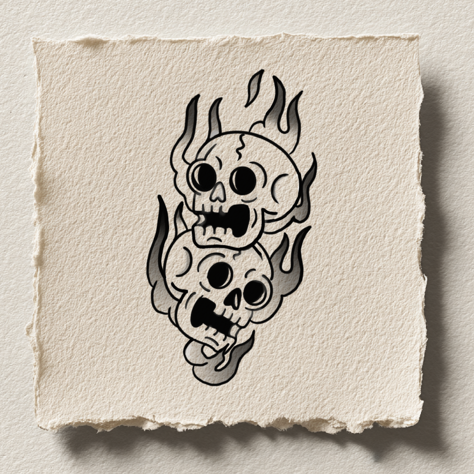 Two skulls surrounded by flames