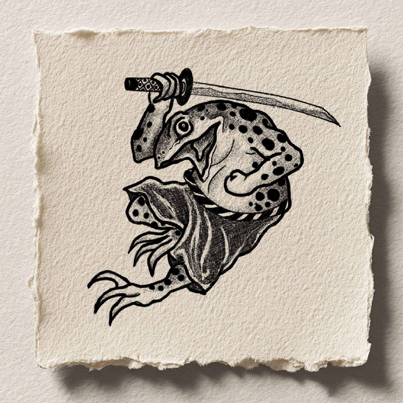 Frog head with katana sword