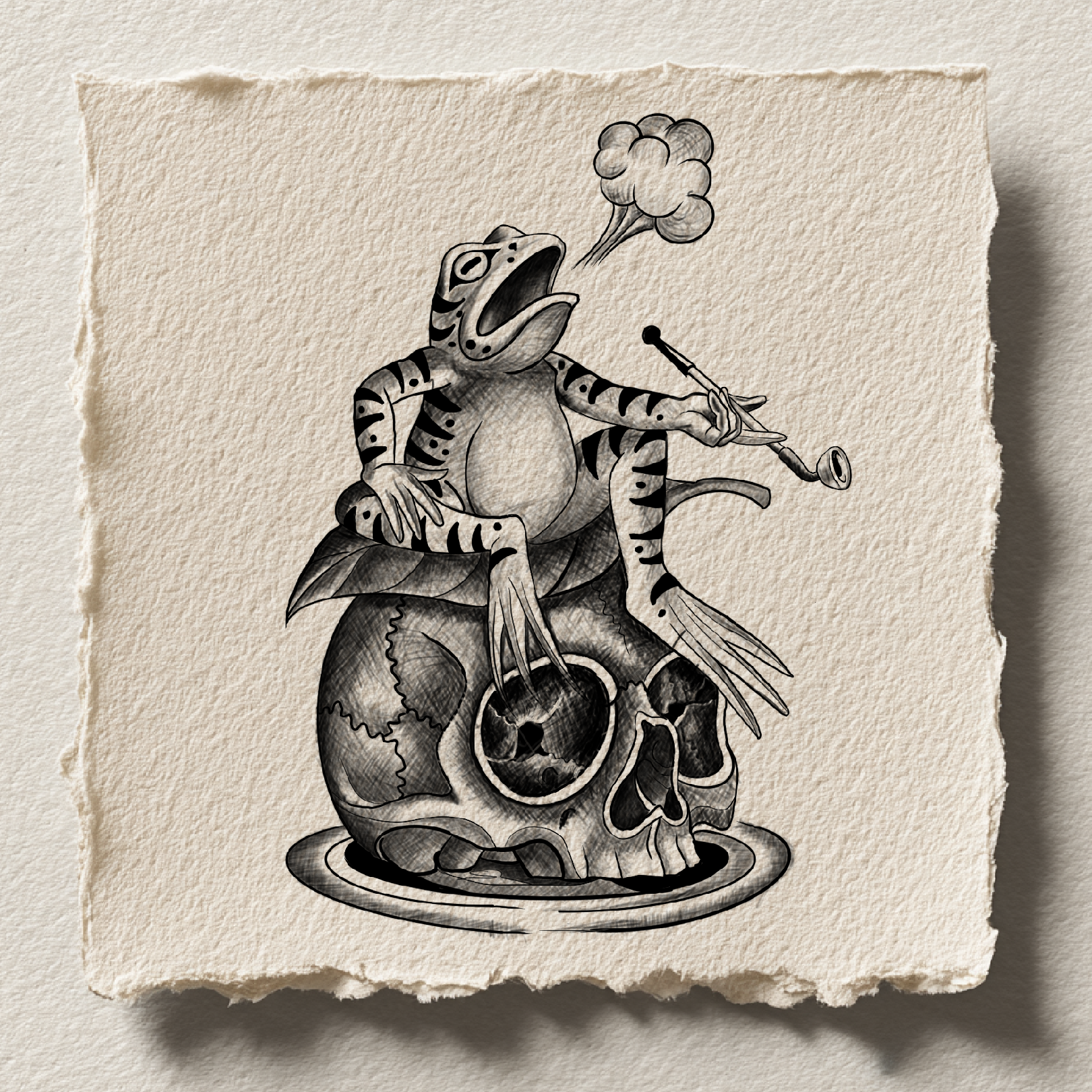 Frog smoking pipe with skulls
