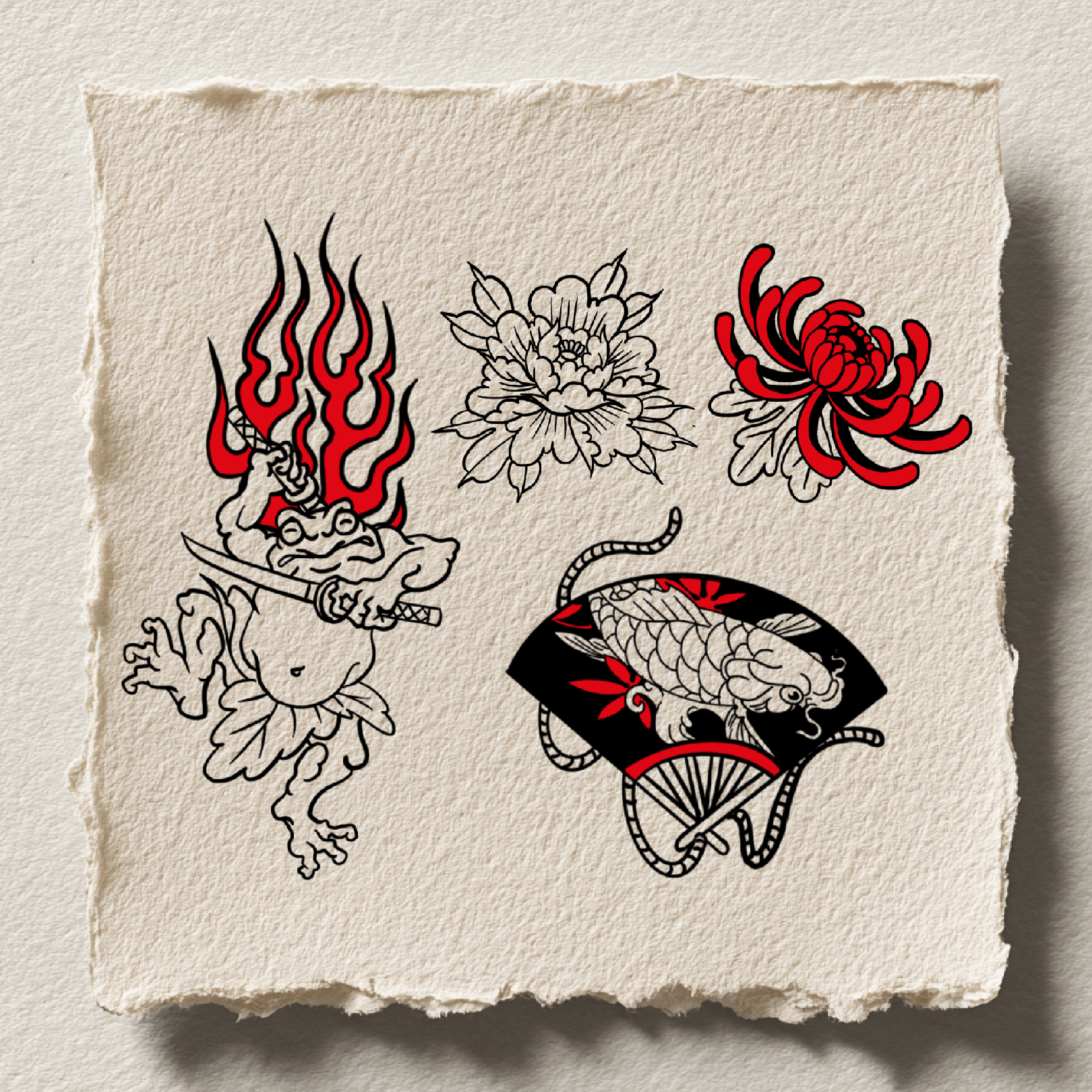 Japanese style flash collection with koi and flowers