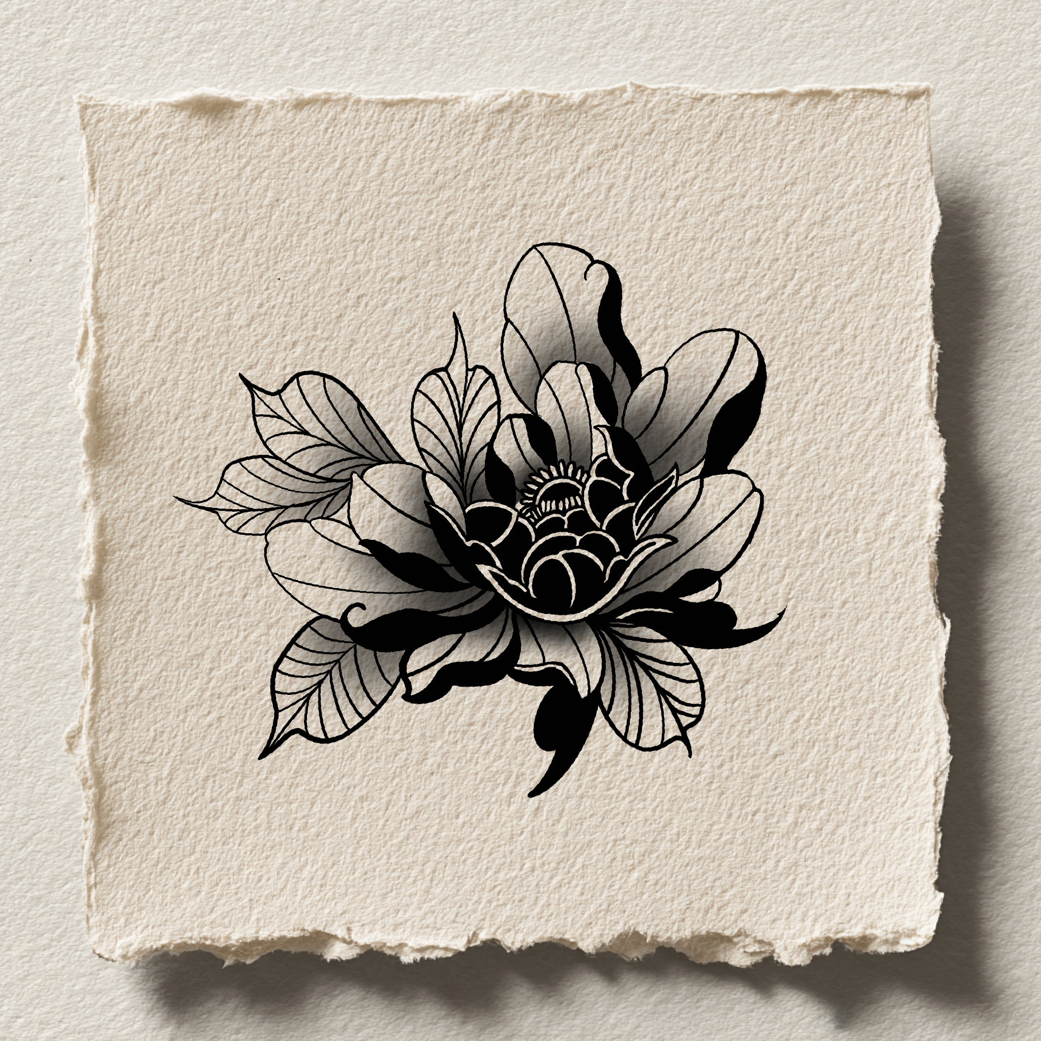 Large black and white lotus flower with detailed petals