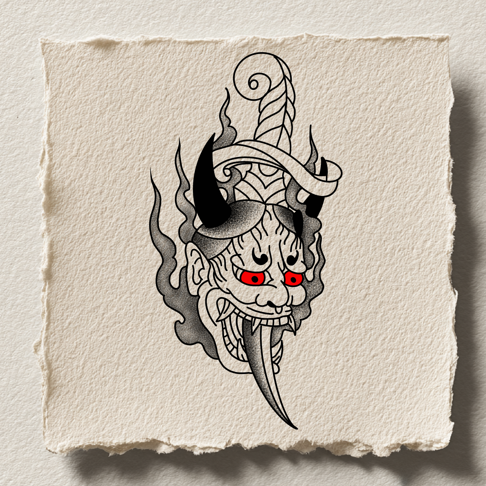 Oni demon head with dagger and red eyes