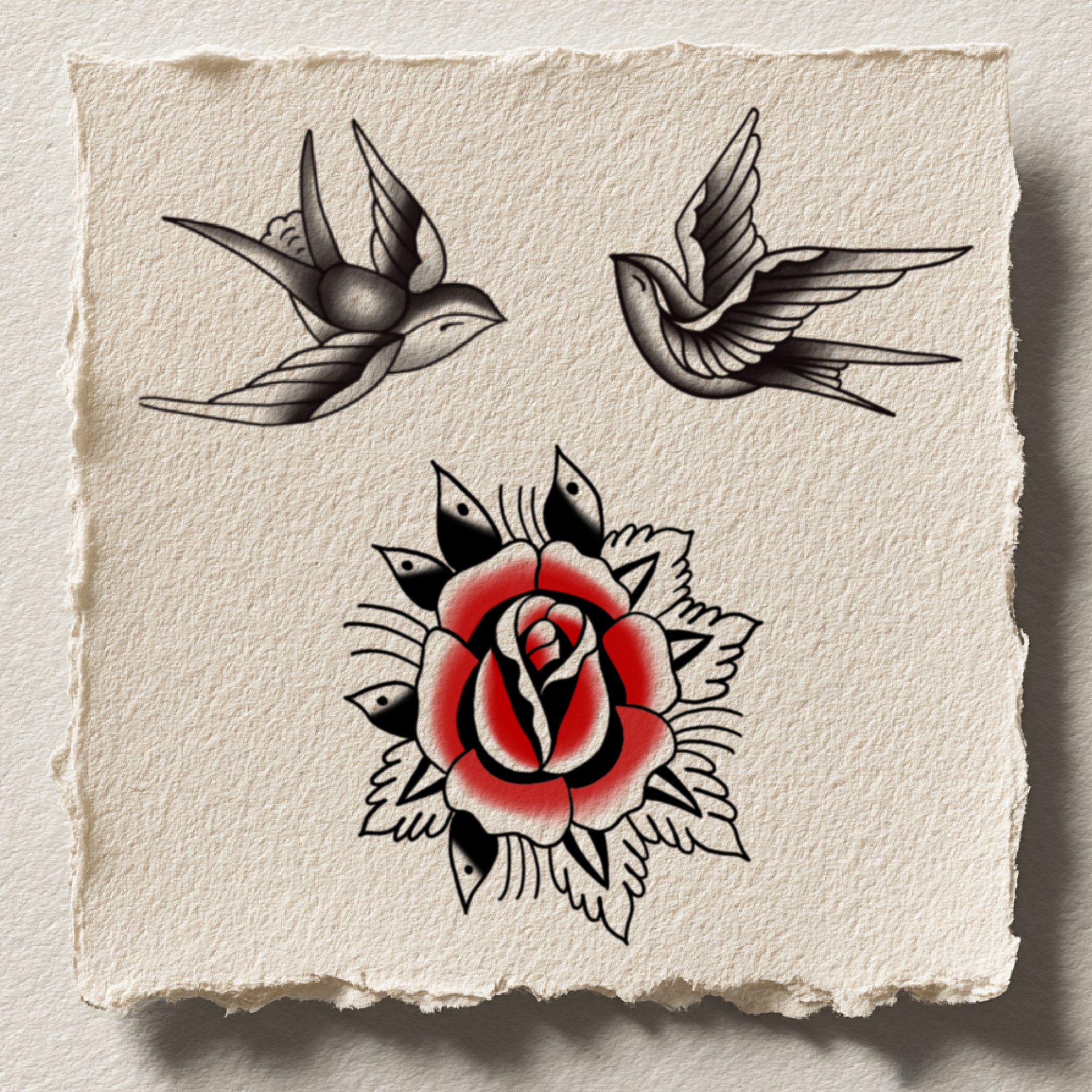 Two swallows with traditional rose