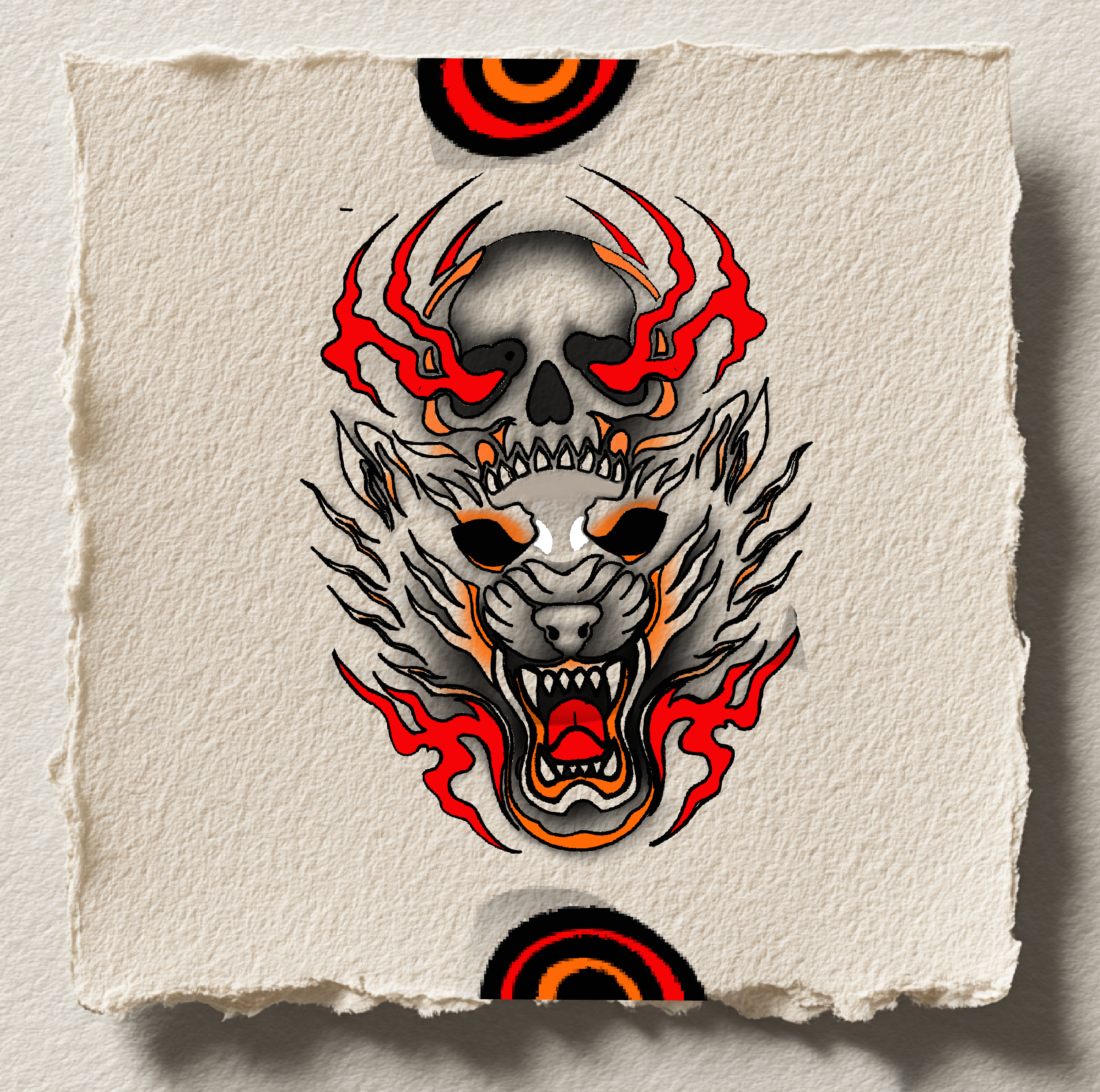 Wolf head with skull and flame accents