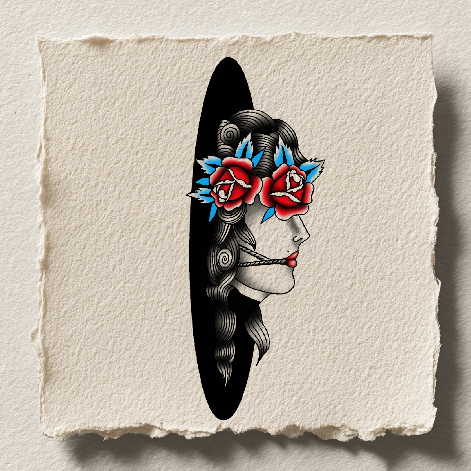 Woman's silhouette with roses and leaves